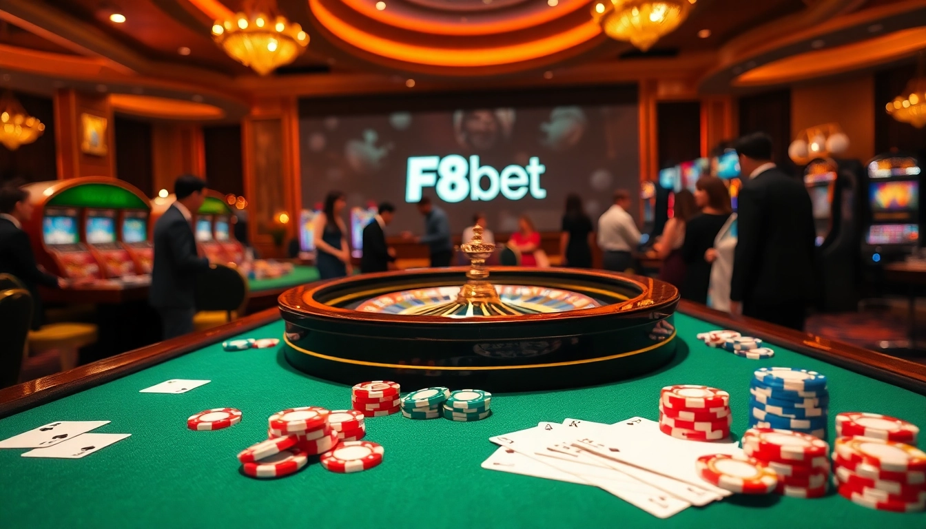 Experience the excitement of the trang chủ F8bet casino setting with vibrant chip stacks and a roulette table.