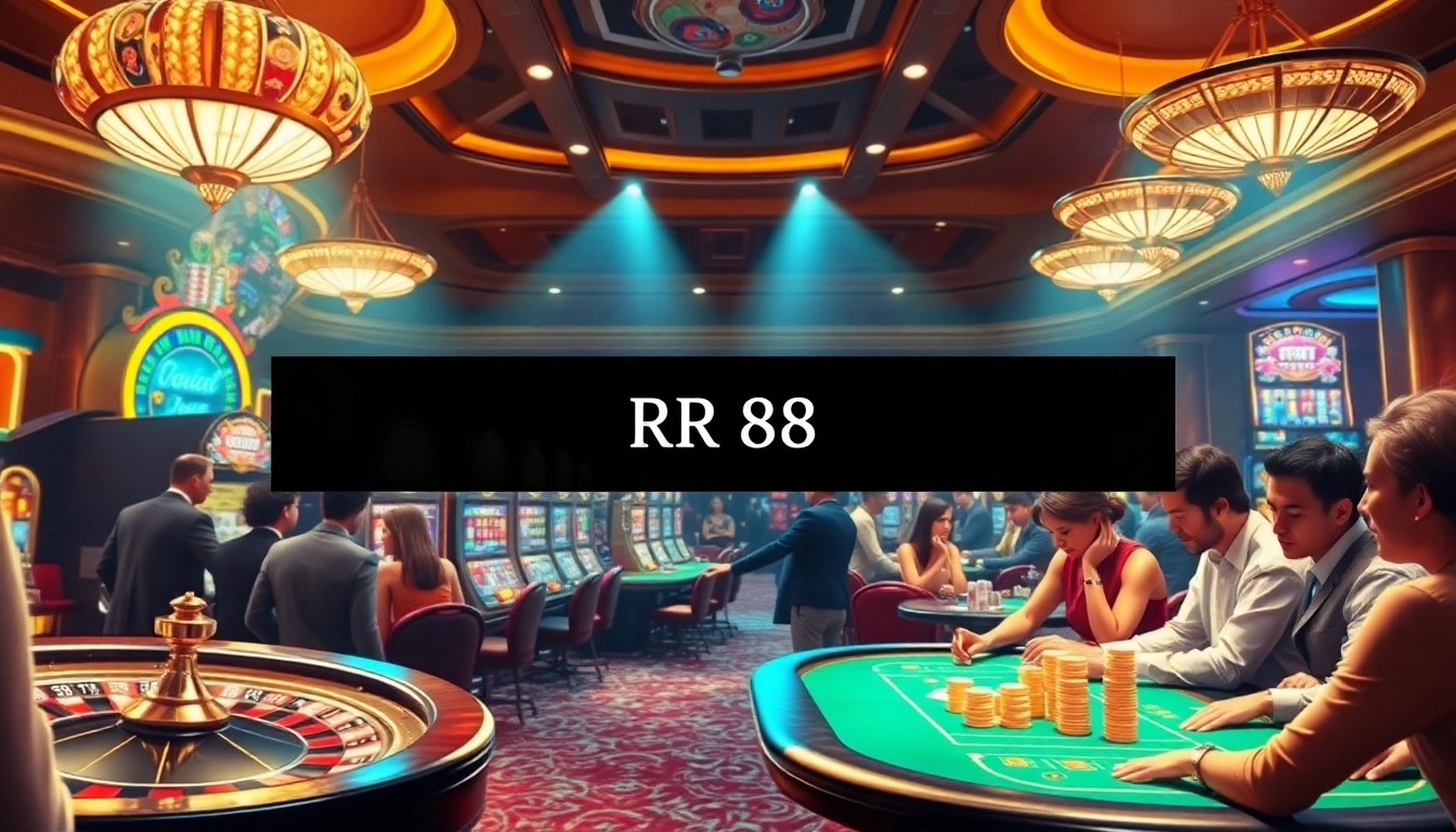 "Experience the exciting atmosphere of RR 88 where casino players engage at vibrant tables and slot machines."